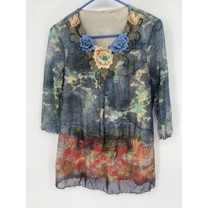 Pink Floral Y2K Top Womens M Rhinestones Stretch Knit Made In USA Fairy Grunge